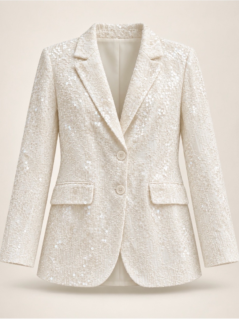 Elegant Sequin Cream Women's Blazer & Wide-Leg Pants Set - Picture 4 of 4